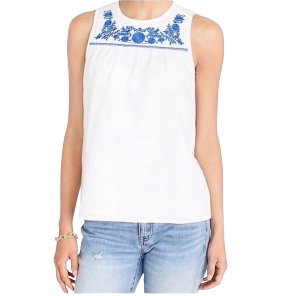 J. Crew Blue & White Linen Blend Embroidered Sleeveless Blouse Size 14